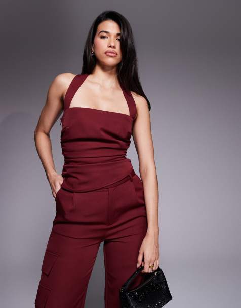 Kaiia exclusive tailored square halterneck ruched detail top co-ord in dark cherry - view 1
