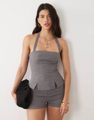 Kaiia Exclusive Tailored Square Halterneck Split Front Top In Gray