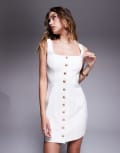 [Kaiia] Kaiia exclusive tailored square neck gold button detail mini dress in white 10 WHITE