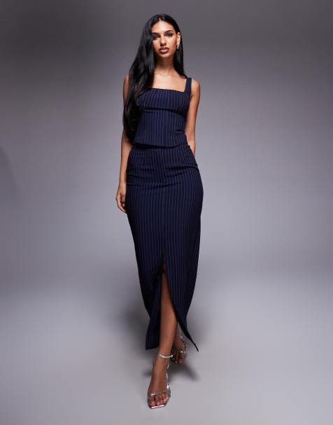 Kaiia exclusive tailored square neck lace up back corset top and maxi skirt co-ord in navy pinstripe - view 1