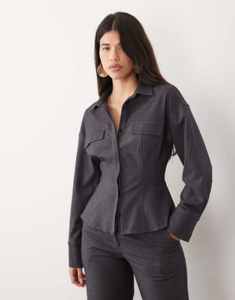 Kaiia exclusive tailored stretch woven cinched waist seam detail shirt in charcoal (part of a set) - view 1