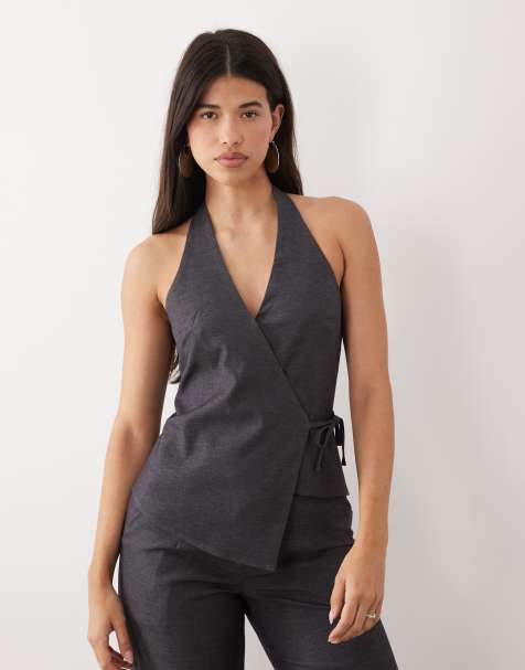 Kaiia exclusive tailored stretch woven halterneck wrap tie side top in charcoal (part of a set) - view 1