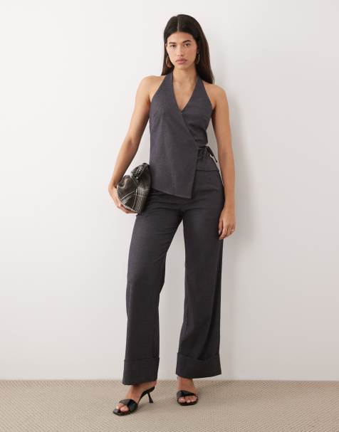 Kaiia exclusive tailored stretch woven wide leg turn up detail trousers co-ord in charcoal - view 1