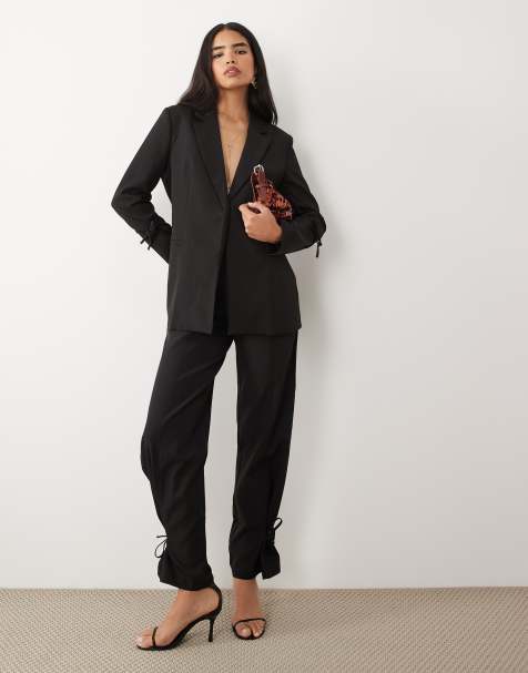 Kaiia Exclusive tailored tie detail cinched waist detail blazer and pants set in black - view 1