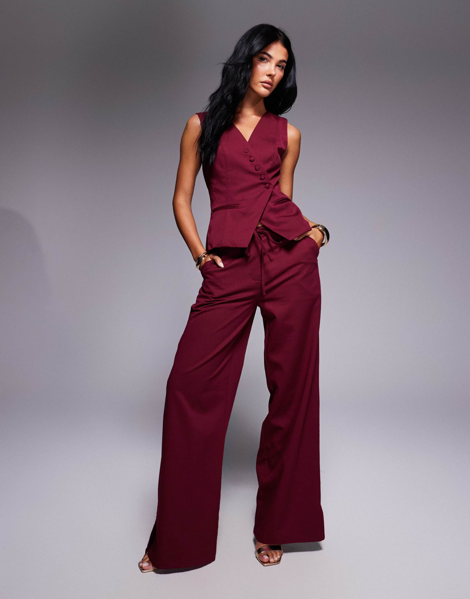 kaiia exclusive tailored tie waist wide leg pants in burgundy - part of a set