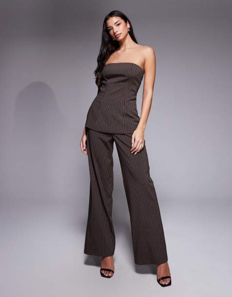 Kaiia exclusive tailored wide leg pants in brown pinstripe (part of a set) - view 1