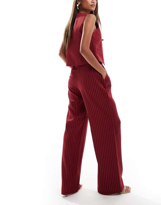 Kaiia exclusive tailored wide leg trousers co-ord in burgundy pinstripe, 4 of 5