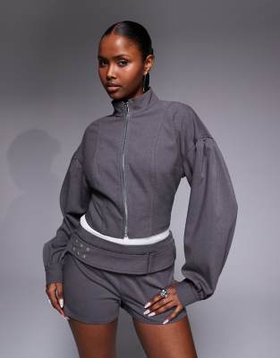 Kaiia Exclusive Tailored Zip Up Balloon Sleeve Jacket In Gray