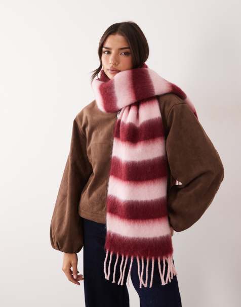 Kaiia exclusive tassle hem scarf in burgundy and light pink stripe - view 1