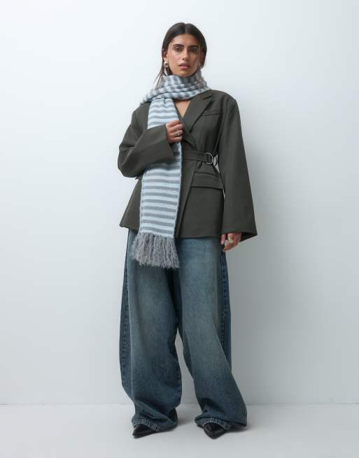 Kaiia exclusive tassle hem scarf in light blue and grey stripe, 4 of 5