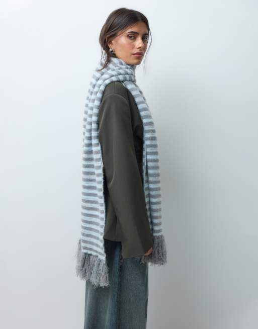 Kaiia exclusive tassle hem scarf in light blue and grey stripe, 5 of 5