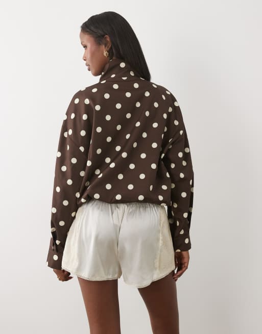 Kaiia exclusive technical button through toggle detail funnel jacket in chocolate and cream polka dot, 3 of 4