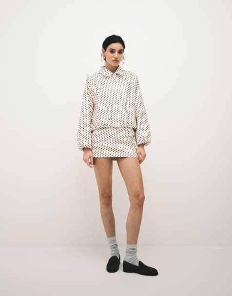 Kaiia exclusive technical cinched waist toggle detail collared jacket and mini skirt co-ord in cream and black polka dot - view 1