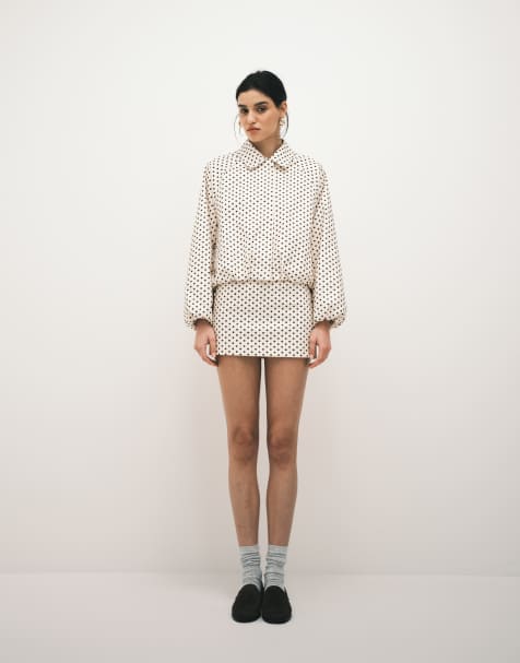 Kaiia exclusive technical pelmet mini skirt co-ord in cream and black polka dot - view 1