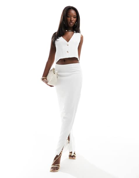 Kaiia exclusive textured column side split maxi skirt co-ord in white 