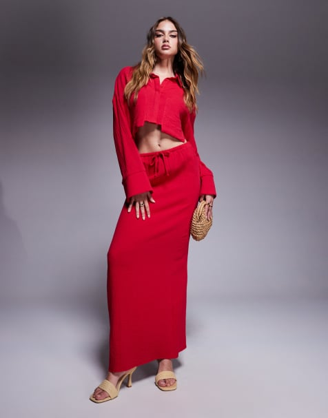 Kaiia exclusive textured cotton drawstring maxi skirt in red (part of a set) - view 1