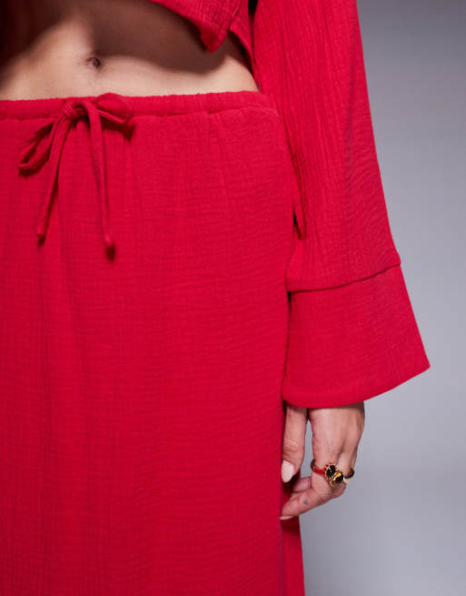 Kaiia exclusive textured cotton drawstring maxi skirt in red