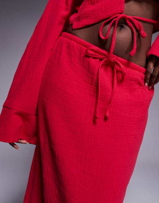 Kaiia exclusive textured cotton drawstring maxi skirt in red - part of a set , 5 of 5