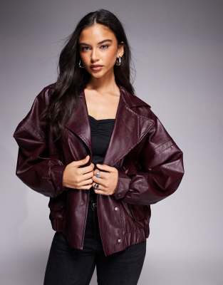 Kaiia exclusive textured faux leather oversized bomber jacket in burgundy