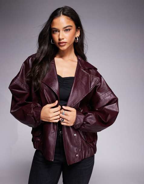 Kaiia exclusive textured faux leather oversized bomber jacket in burgundy - view 1