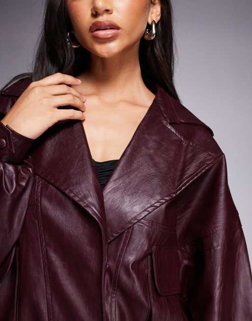 Kaiia exclusive textured faux leather oversized bomber jacket in burgundy