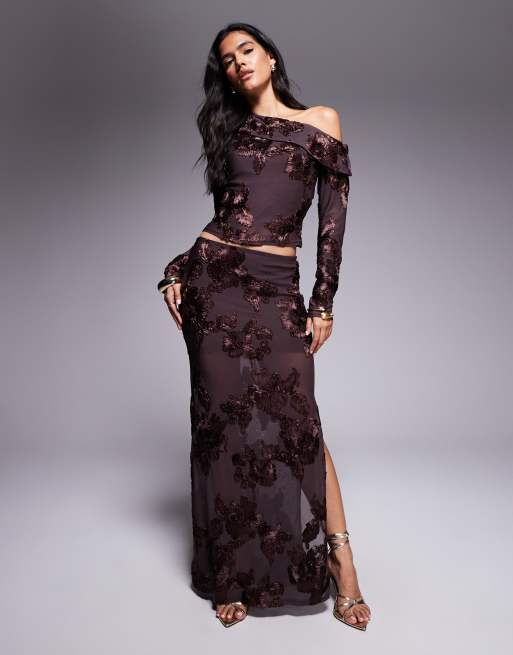 Kaiia exclusive textured floral asymmetric fallen shoulder long sleeve top in chocolate - part of a set, 2 of 4