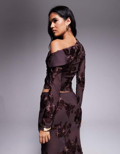 Kaiia exclusive textured floral asymmetric fallen shoulder long sleeve top in chocolate - part of a set, 3 of 4