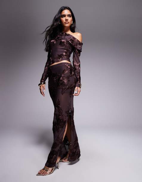 Kaiia exclusive textured floral side split maxi skirt co-ord in chocolate - view 1