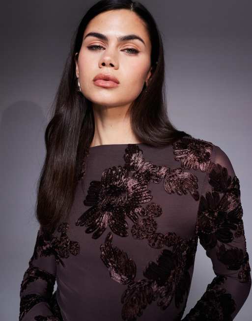 Kaiia exclusive textured floral slashneck ruffle hem mini dress in chocolate