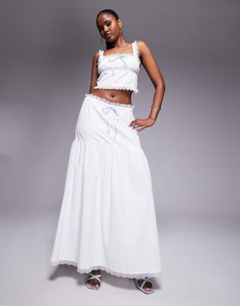 Kaiia exclusive textured lace trim dropped waist blue tie detail maxi skirt co-ord in white - view 1