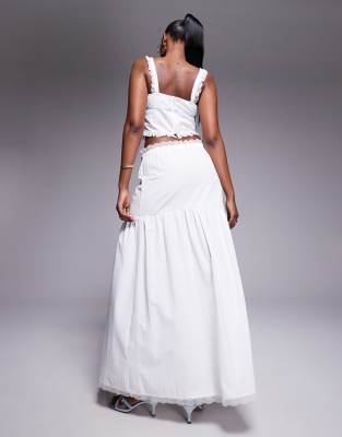 Kaiia Exclusive Textured Lace Trim Dropped Waist Blue Tie Detail Maxi Skirt In White