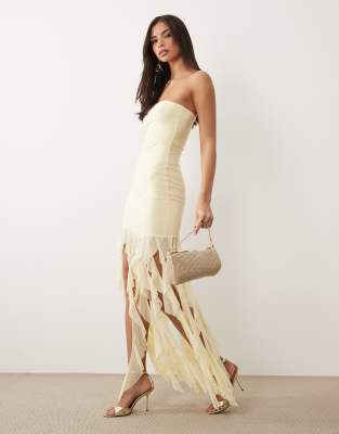 Kaiia exclusive textured mesh bandeau ruffle hem maxi dress in lemon lemon