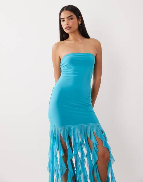 Kaiia exclusive textured mesh bandeau ruffle hem maxi dress in turquoise