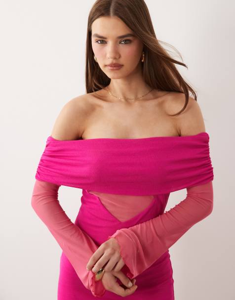 Kaiia exclusive textured mesh bardot angel sleeve sheer panel detail maxi dress in pink - view 1