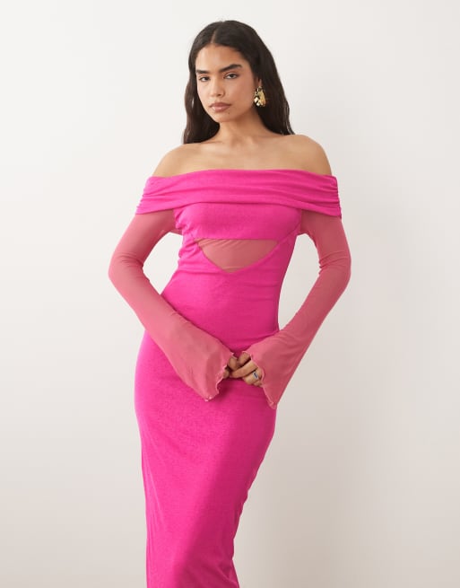 Kaiia exclusive textured mesh bardot angel sleeve sheer panel detail maxi dress in pink, 3 of 4
