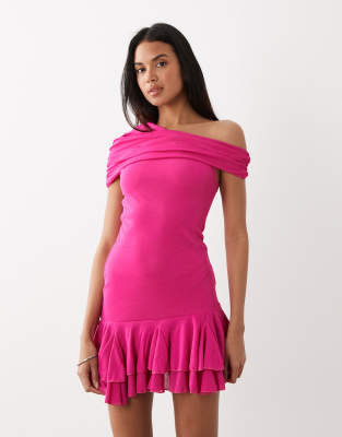 Kaiia Exclusive Textured Mesh Drape Off Shoulder Rara Hem Mini Dress In Pink