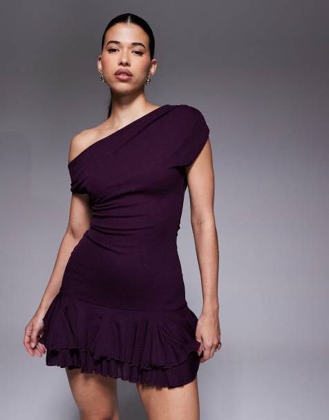 Kaiia exclusive textured mesh drape off shoulder rara hem mini dress in plum - view 1