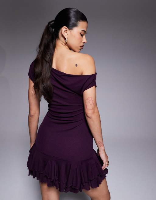 Kaiia exclusive textured mesh drape off shoulder rara hem mini dress in plum, 3 of 4