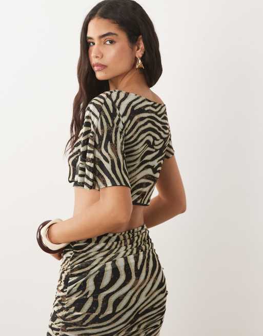 Kaiia exclusive textured mesh off shoulder crop top in brown zebra - part of a set, 2 of 4