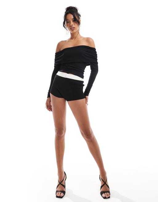 Kaiia exclusive textured off the shoulder fold detail long sleeve top in black