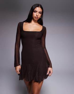 Kaiia Exclusive textured slinky mesh long sleeve rara hem mini dress in chocolate-Brown