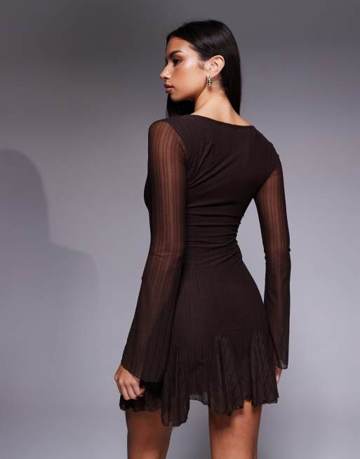 Kaiia Exclusive textured slinky mesh long sleeve rara hem mini dress in  chocolate | ASOS