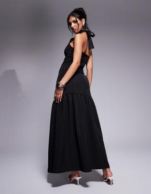 Kaiia Exclusive Tie Halterneck Dropped Hem Maxi Dress In Black