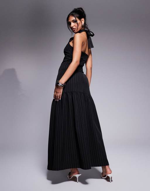 Kaiia exclusive tie halterneck dropped hem maxi dress in black pinstripe