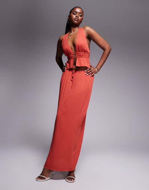 Kaiia exclusive tie waist maxi skirt co-ord in rust 