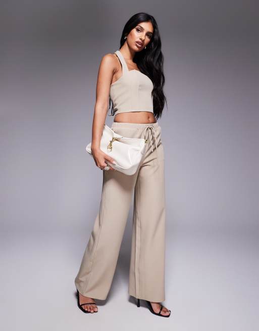 Kaiia exclusive tie waist wide leg pants in stone - part of a set