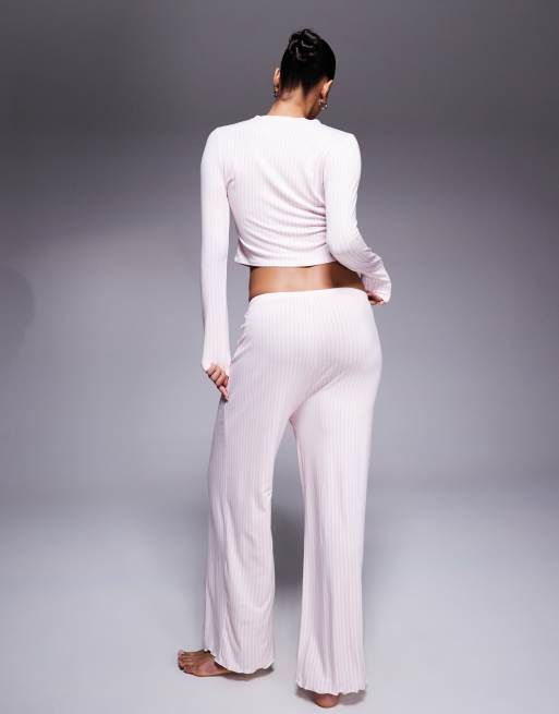 Kaiia Exclusive  tie waist wide leg pyjama bottoms co-ord in pink stripe, 2 of 4