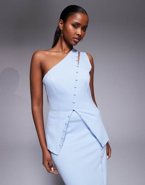 Kaiia - Exclusive - Top met structuur, asymmetrische schouder, knoopsluiting en split aan de voorkant in blauw, deel van co-ord set - view 1