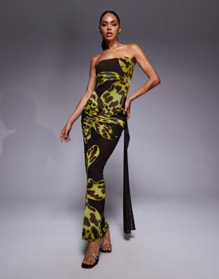 Kaiia - Exclusive - Trägerloses, figurbetontes Maxikleid aus doppellagigem Netzstoff in Braun und Gelb mit Blumenmuster,...