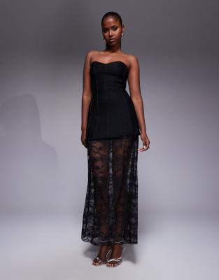 Kaiia - Exclusive - Trägerloses Maxikleid aus Spitze in Schwarz mit Strukturdesign und durchscheinendem Kontrast-Rocksau...